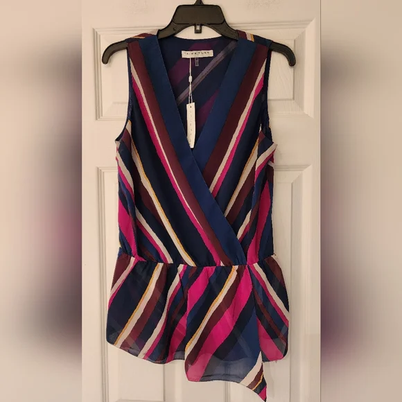 TRINA TURK Stellar Surplice V Neck Multi Striped Top Asymmetrical Hem Size Med - Picture 3 of 11